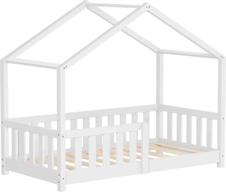Ml-design Kinderbed Huisbed 70x140 cm wit gemaakt van dennenhout Houten bed met dak en lattenbodem