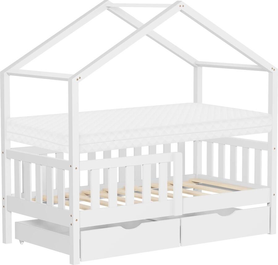 Ml-design kinderbed huis bed 70x140 cm wit met matras houten bed met 2 laden uitvalbeveiliging en lattenbodem speelbed van grenenhout Montessori bedframe voor kinderen vloerbed bed huis