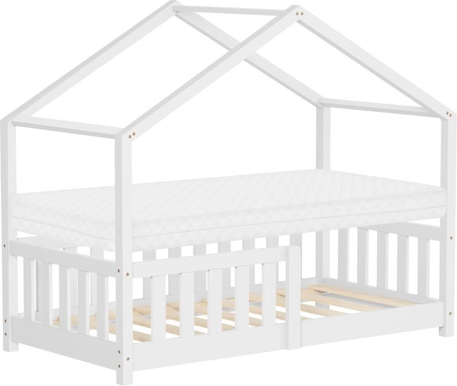 Ml-design kinderbed huis 70x140 cm wit met matras houten bed met valbeveiliging lattenbodem en dak speelbed van grenenhout voor kinderen Montessori vloerbed juniorbed bedframe speels bedhuis