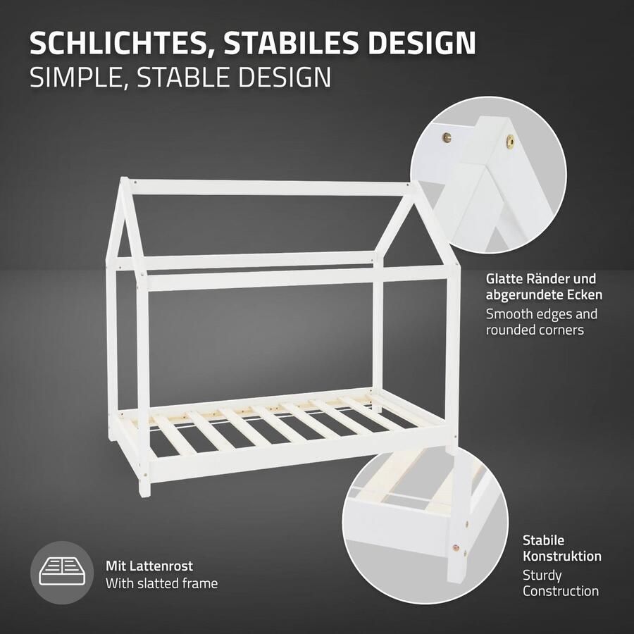 Ml-design Kinderbed huisbed 80x160 cm wit gemaakt van grenenhout incl. matras H-10cm houten bed met dak en lattenbodem