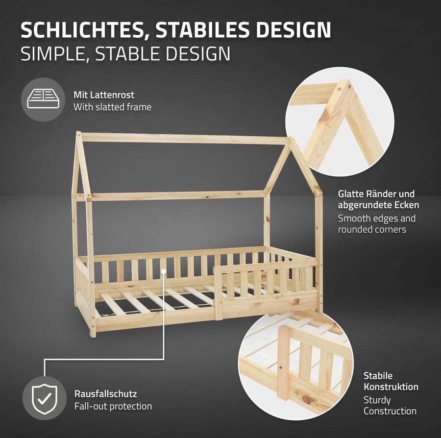 Ml-design Kinderbed huisbed 80x160 cm gemaakt van dennenhout incl. matras H-10cm uitvalbeschermend dak en lattenbodem - Foto 2