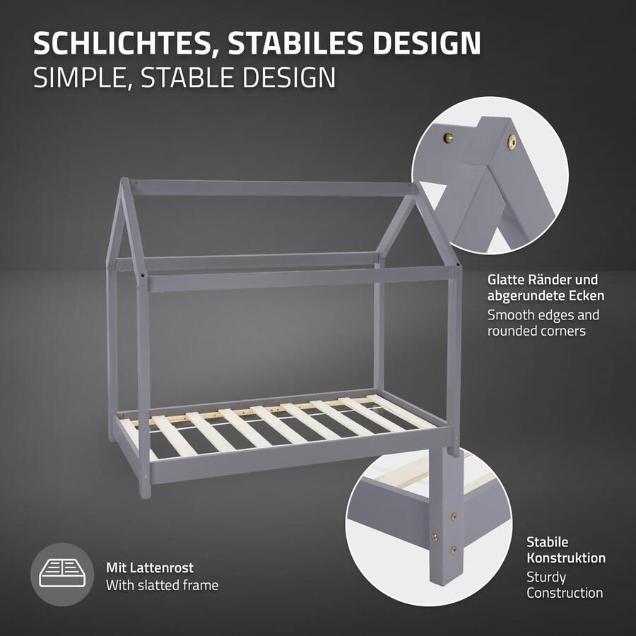 Ml-design Kinderbed Huisbed 70x140 cm lichtgrijs gemaakt van dennenhout Houten bed met dak en lattenbodem