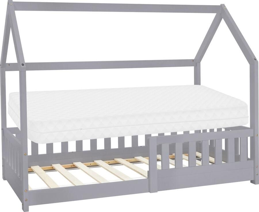Ml-design Kinderbed huisbed 80x160 cm lichtgrijs gemaakt van dennenhout incl. matras H-10cm uitvalbeschermend dak en lattenbodem - Foto 3