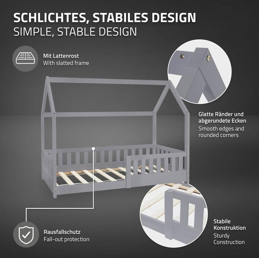 Ml-design Kinderbed huisbed 80x160 cm lichtgrijs gemaakt van dennenhout incl. matras H-10cm uitvalbeschermend dak en lattenbodem - Foto 2