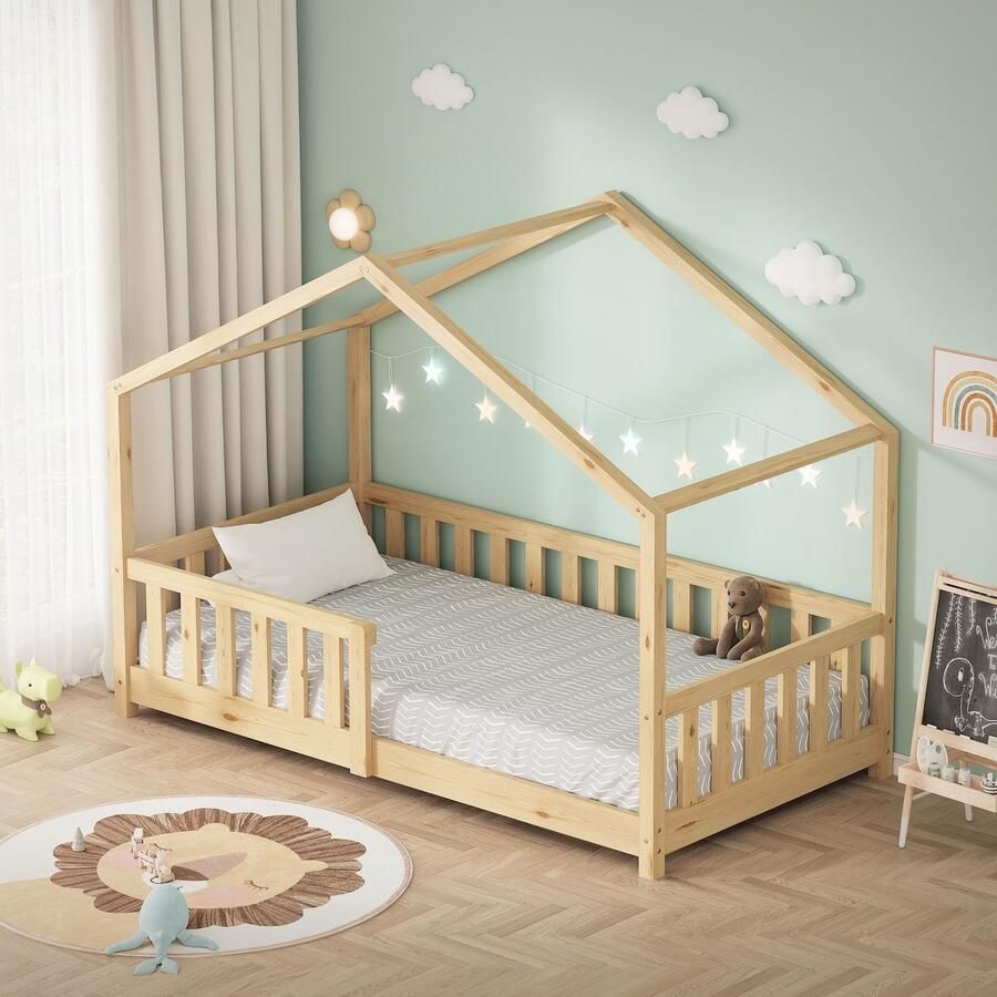 Ml-design Kinderbed Huisbed 80x160 cm natuurlijk dennenhout Houten bed met dak en lattenbodem