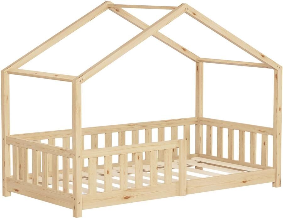 Ml-design Kinderbed Huisbed 80x160 cm natuurlijk dennenhout Houten bed met dak en lattenbodem