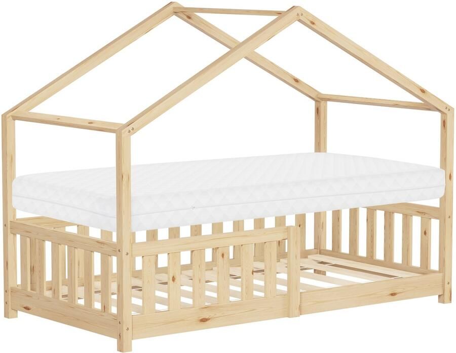 Ml-design Kinderbed huisbed 80x160 cm natuurlijk dennenhout met matras H:10cm uitvalbescherming en lattenbodem