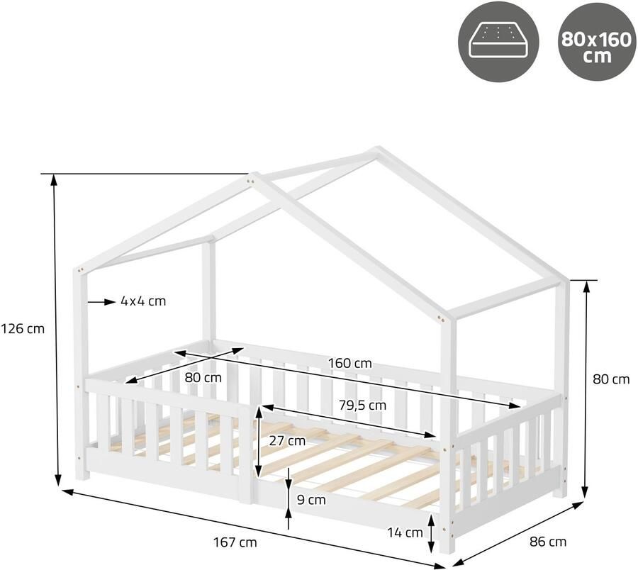 Ml-design Kinderbed Huisbed 80x160 cm wit gemaakt van dennenhout Houten bed met dak en lattenbodem