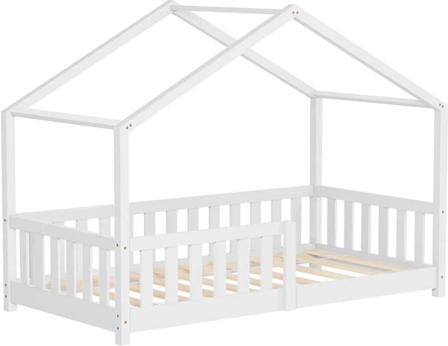 Ml-design kinderbed huisbed 80x160 cm wit massief grenenhouten bed met dak lattenbodem en uitvalbescherming Montessori vloerbed speelbed juniorbed houten bedframe huisbed voor kinderen meisjes jongens kinderkamer jeugdbed stabiel veilig