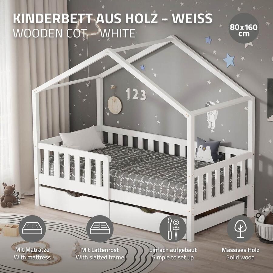 Ml-design Kinderbed huis bed 80x160 cm wit met matras houten bed met 2 laden uitvalbeveiliging en lattenbodem speelbed van grenenhout Montessori bedframe voor kinderen vloerbed bed huis