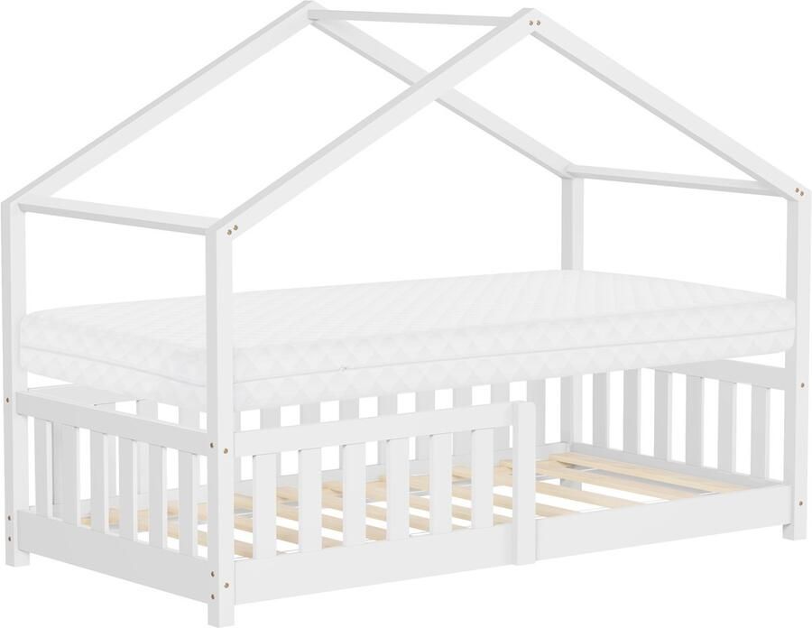 Ml-design kinderbed huis 80x160 cm wit met matras houten bed met valbeveiliging lattenbodem en dak speelbed van grenenhout voor kinderen Montessori vloerbed juniorbed bedframe speels bedhuis - Foto 2
