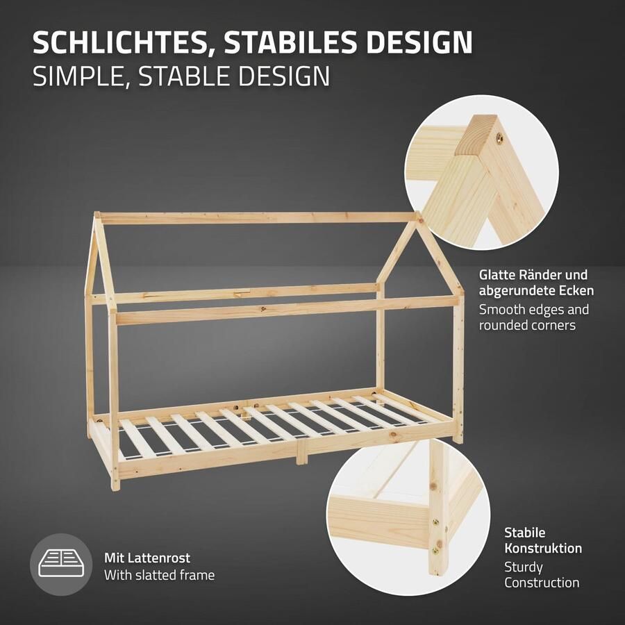 Ml-design Kinderbed huisbed 90x200 cm van grenenhout incl. matras H-10cm houten bed met dak en lattenbodem - Foto 2
