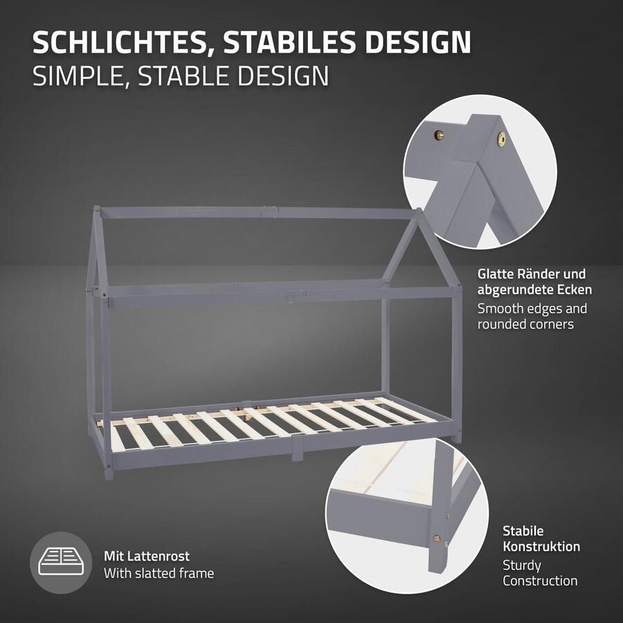 Ml-design Kinderbed huisbed 90x200 cm lichtgrijs gemaakt van grenenhout incl. matras H-10cm houten bed met dak en lattenbodem