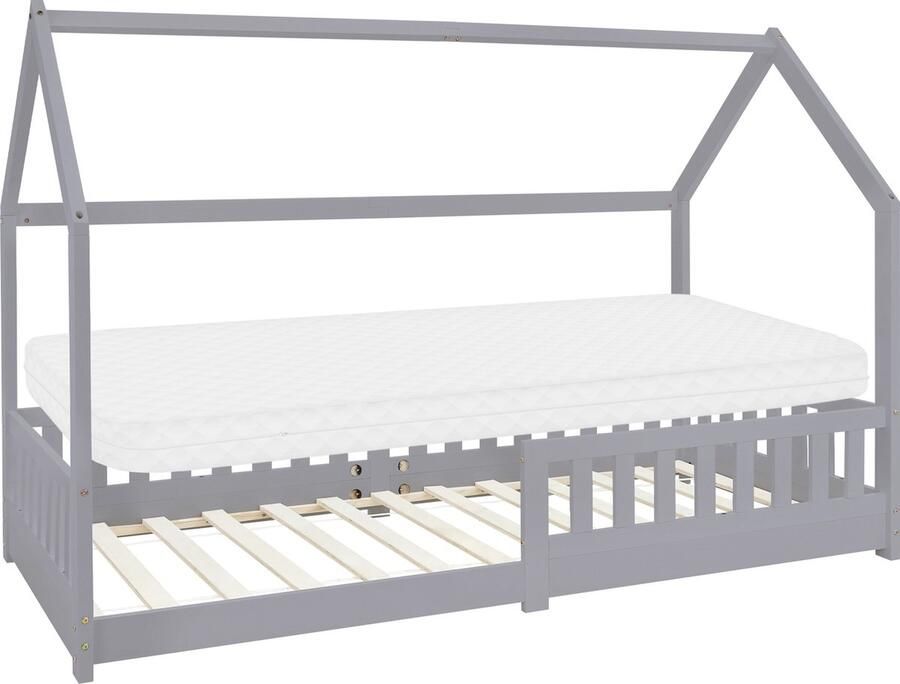 Ml-design Kinderbed huisbed 90x200 cm lichtgrijs gemaakt van dennenhout incl. matras H-10cm uitvalbeschermend dak en lattenbodem - Foto 3