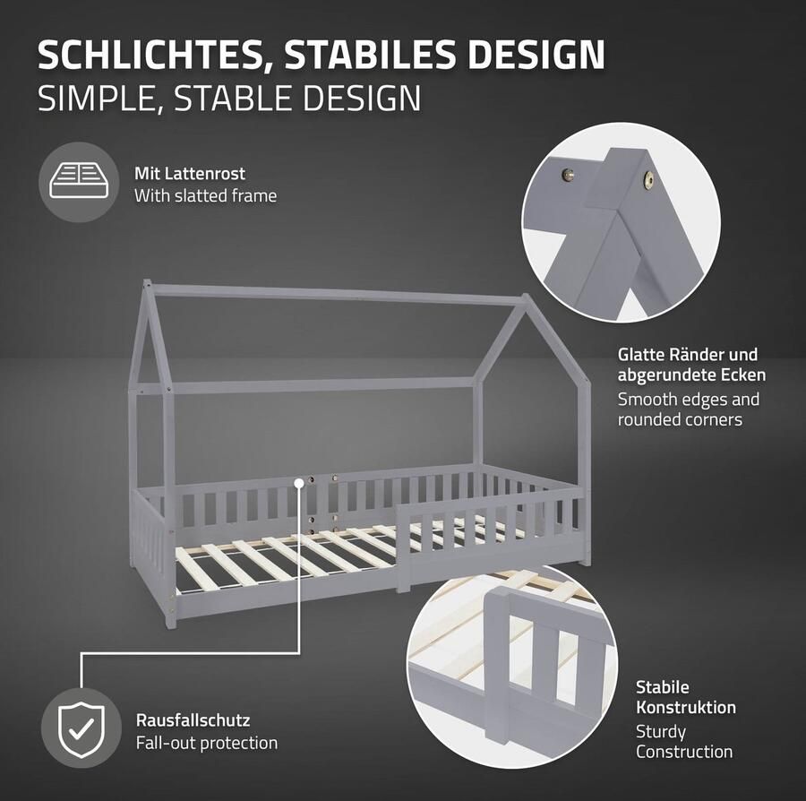 Ml-design Kinderbed huisbed 90x200 cm lichtgrijs gemaakt van dennenhout incl. matras H-16cm uitvalbeschermend dak en lattenbodem - Foto 2