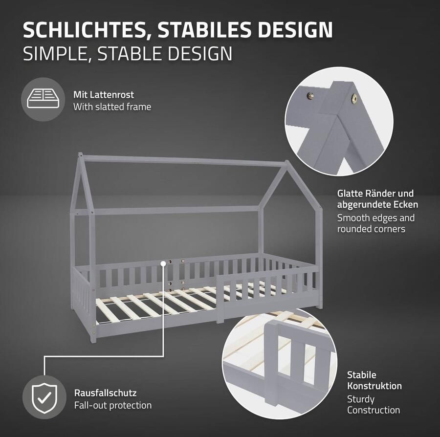 Ml-design Kinderbed huisbed 90x200 cm lichtgrijs gemaakt van dennenhout incl. matras H-10cm uitvalbeschermend dak en lattenbodem - Foto 2