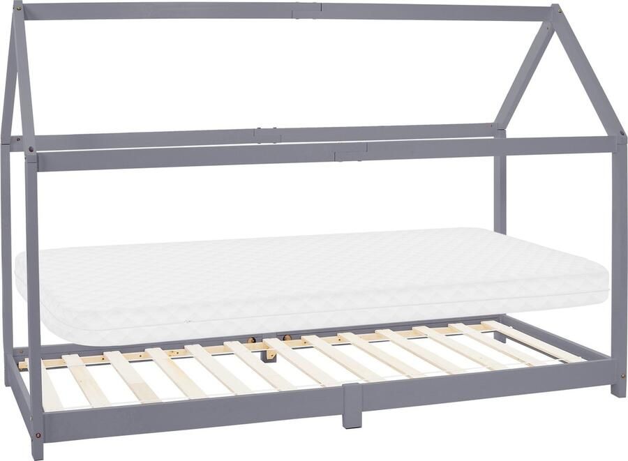 Ml-design Kinderbed huisbed 90x200 cm lichtgrijs gemaakt van grenenhout incl. matras H-10cm houten bed met dak en lattenbodem - Foto 5