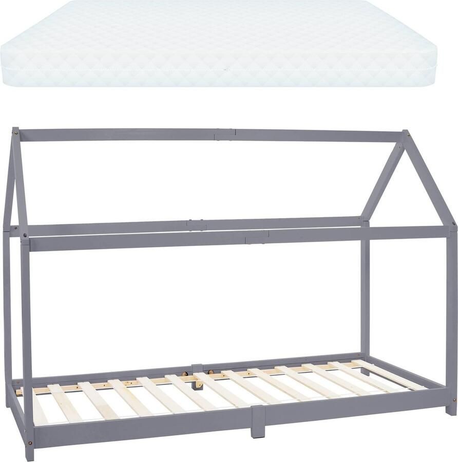 Ml-design Kinderbed huisbed 90x200 cm lichtgrijs gemaakt van grenenhout incl. matras H-10cm houten bed met dak en lattenbodem - Foto 2