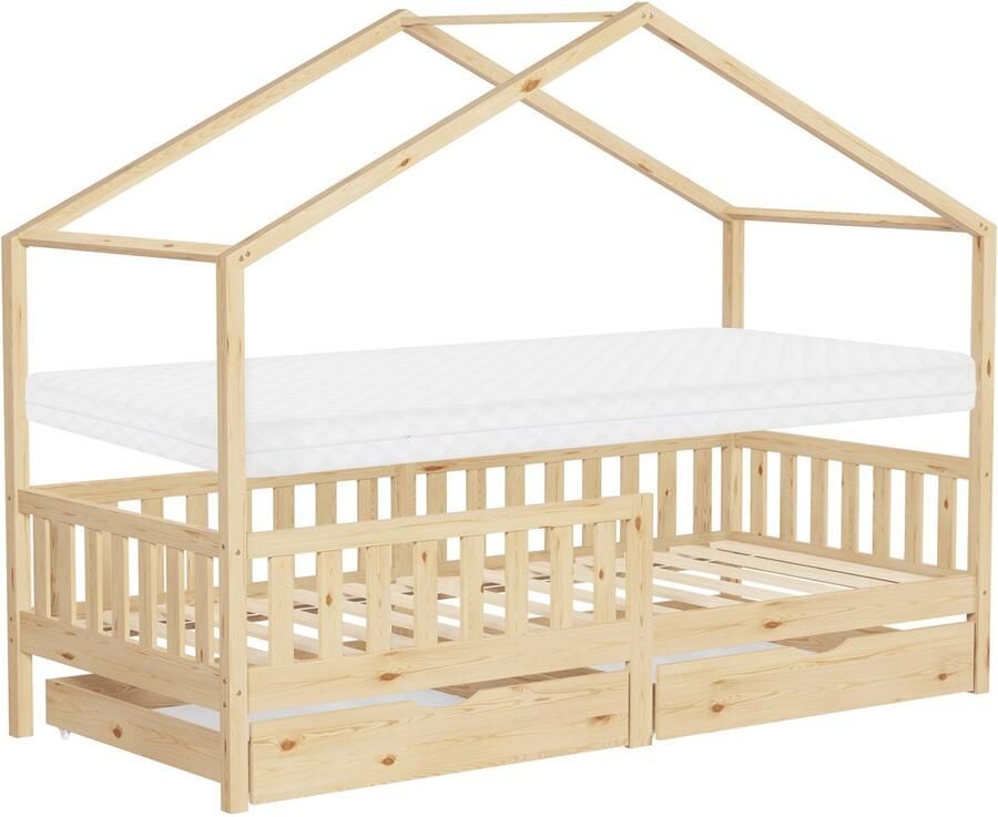 Ml-design kinderbed huisbed 90x200 cm naturelkleurig met matras H:10 cm houten bed met 2 laden valbeveiliging ribbodem en dak speelbed voor kinderen Montessori bedframe voor kinderen vloerbed bed huis - Foto 2