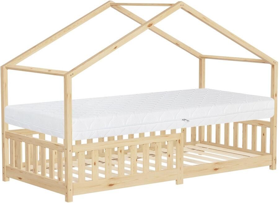 Ml-design Kinderbed huisbed 90x200 cm naturel grenenhout met matras H:16cm uitvalbeveiliging en lattenbodem