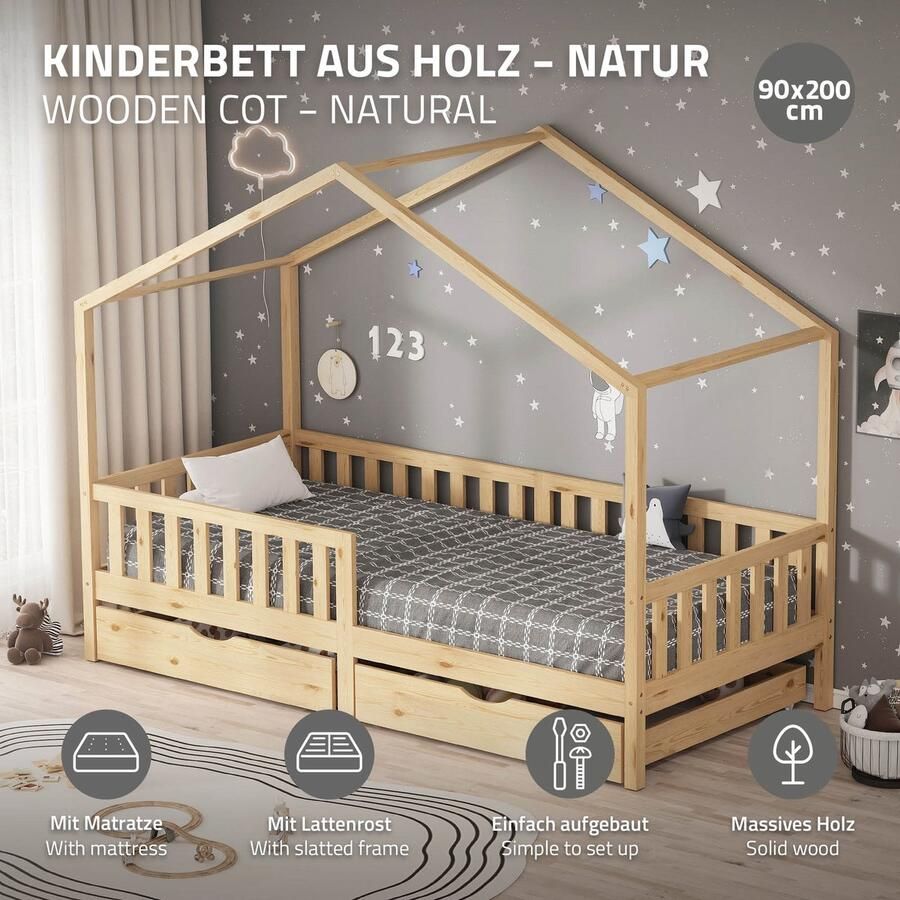 Ml-design kinderbed huisbed 90x200 cm naturelkleurig met matras H:10 cm houten bed met 2 laden valbeveiliging ribbodem en dak speelbed voor kinderen Montessori bedframe voor kinderen vloerbed bed huis