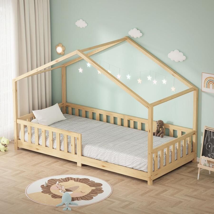 Ml-design Kinderbed Huisbed 90x200 cm natuurlijk dennenhout Houten bed met dak en lattenbodem