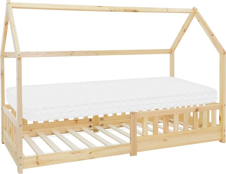 Ml-design Kinderbed Huisbed 90x200 cm gemaakt van dennenhout met uitvalbeschermend dak en lattenbodem Houten bed - Foto 4