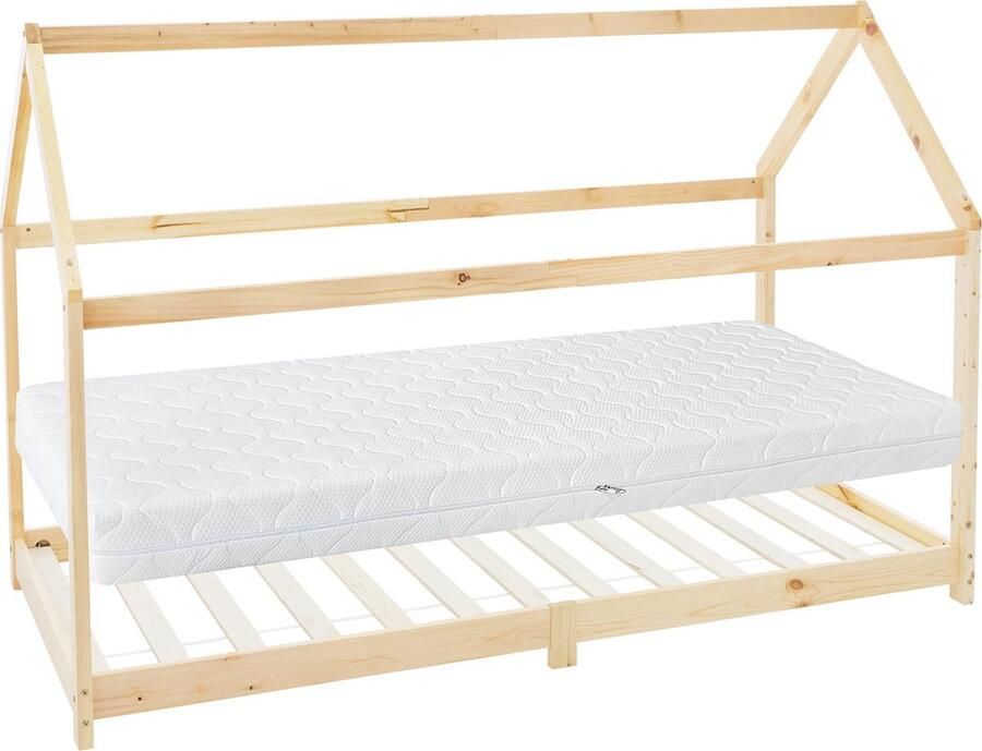 Ml-design Kinderbed huisbed 90x200 cm van grenenhout incl. matras H-16cm houten bed met dak en lattenbodem - Foto 3