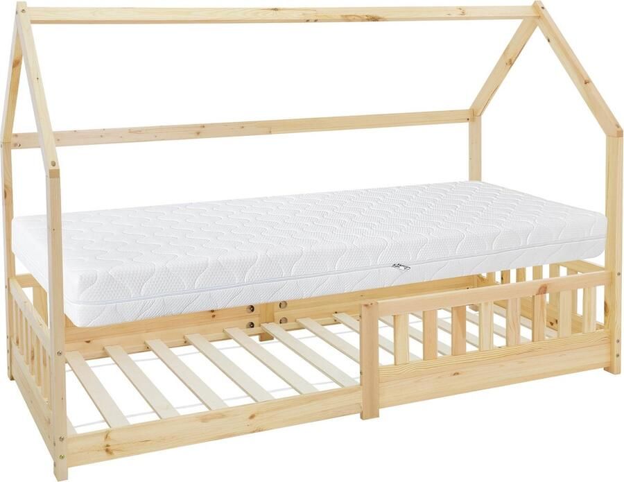 Ml-design Kinderbed Huisbed 90x200 cm van grenenhout incl. matras H-16cm uitvalbeschermend dak en lattenbodem - Foto 2