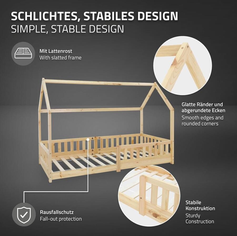 Ml-design Kinderbed Huisbed 90x200 cm gemaakt van dennenhout met uitvalbeschermend dak en lattenbodem Houten bed - Foto 2