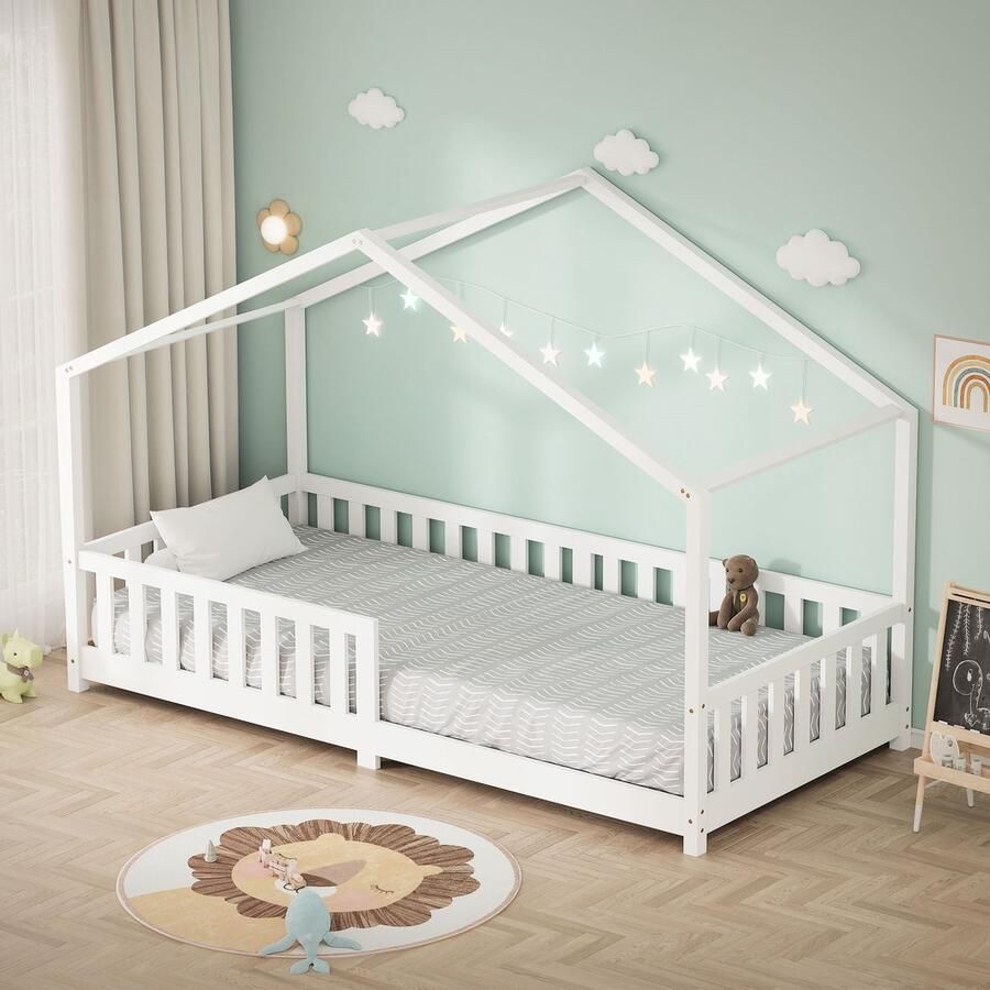 Ml-design Kinderbed Huisbed 90x200 cm wit gemaakt van dennenhout Houten bed met dak en lattenbodem