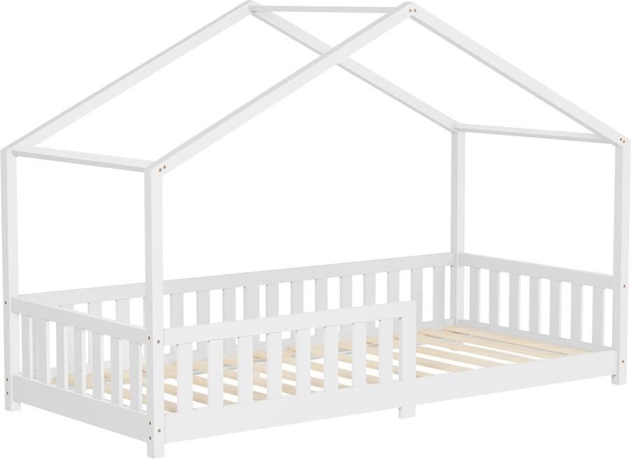 Ml-design Kinderbed Huisbed 90x200 cm wit gemaakt van dennenhout Houten bed met dak en lattenbodem