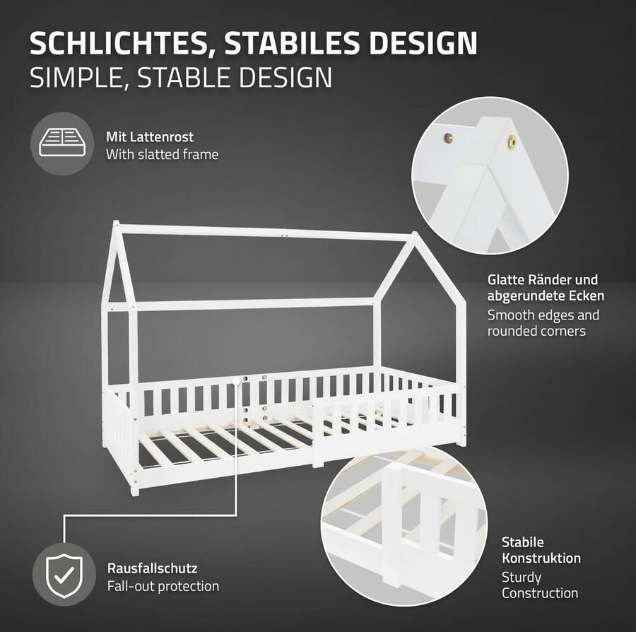 Ml-design Kinderbed huisbed 90x200 cm wit gemaakt van dennenhout incl. matras H-10cm uitvalbeschermend dak en lattenbodem - Foto 2