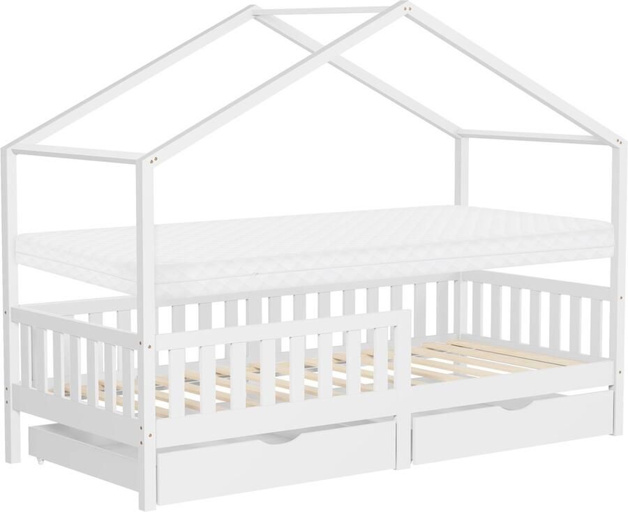 Ml-design kinderbed huisbed 90x200 cm wit met matras H:10 cm houten bed met 2 laden valbeveiliging ribbodem en dak speelbed voor kinderen Montessori bedframe voor kinderen vloerbed bed huis