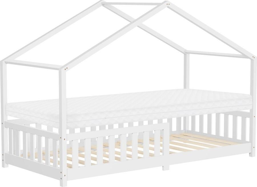 Ml-design Kinderbed Huisbed 90x200 cm wit gemaakt van dennenhout met matras H:10cm uitvalbescherming en lattenbodem