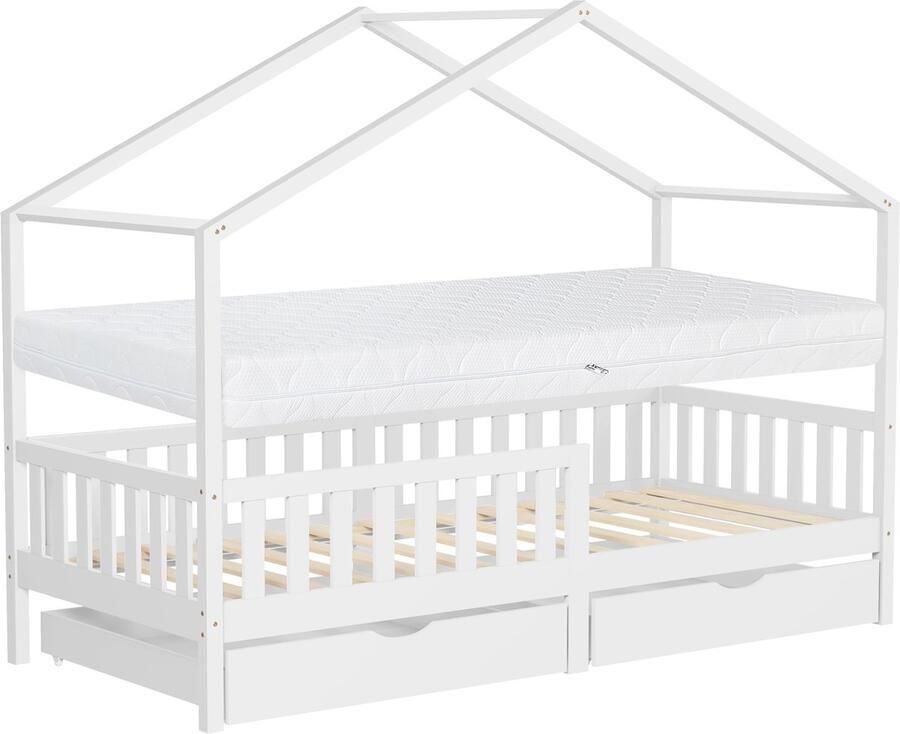 Ml-design kinderbed huisbed 90x200 cm wit met matras H:10 cm houten bed met 2 laden valbeveiliging ribbodem en dak speelbed voor kinderen Montessori bedframe voor kinderen vloerbed bed huis