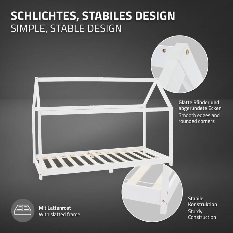 Ml-design Kinderbed huisbed 90x200 cm wit gemaakt van grenenhout incl. matras H-16cm houten bed met dak en lattenbodem - Foto 3