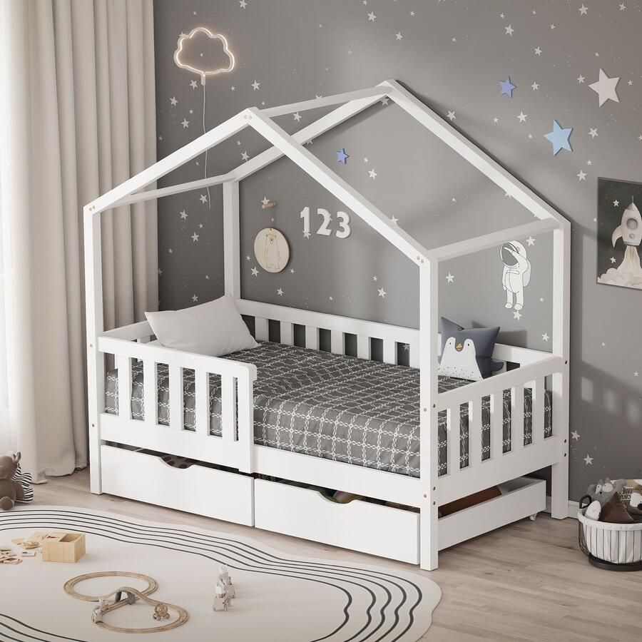 Ml-design Kinderbed Huisbed met 2 laden 70x140 cm wit gemaakt van dennenhout Houten bed met dak en lattenbodem