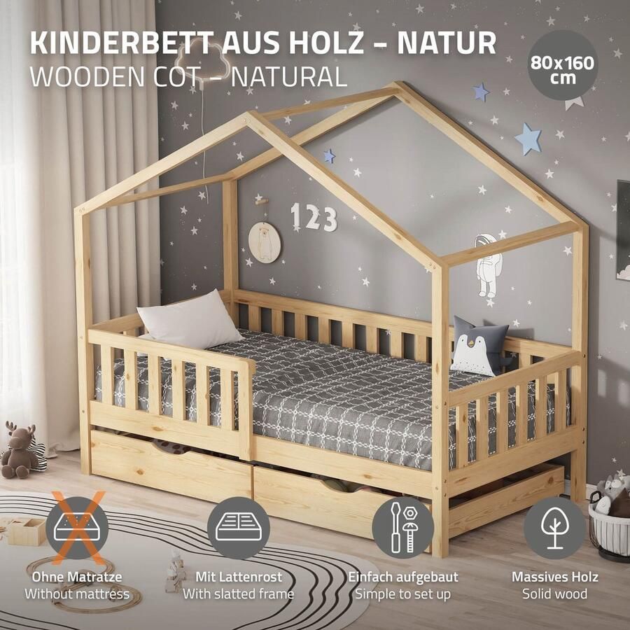 Ml-design Kinderbed Huisbed met 2 laden 80x160 cm natuurlijk grenenhout Houten bed met dak en lattenbodem