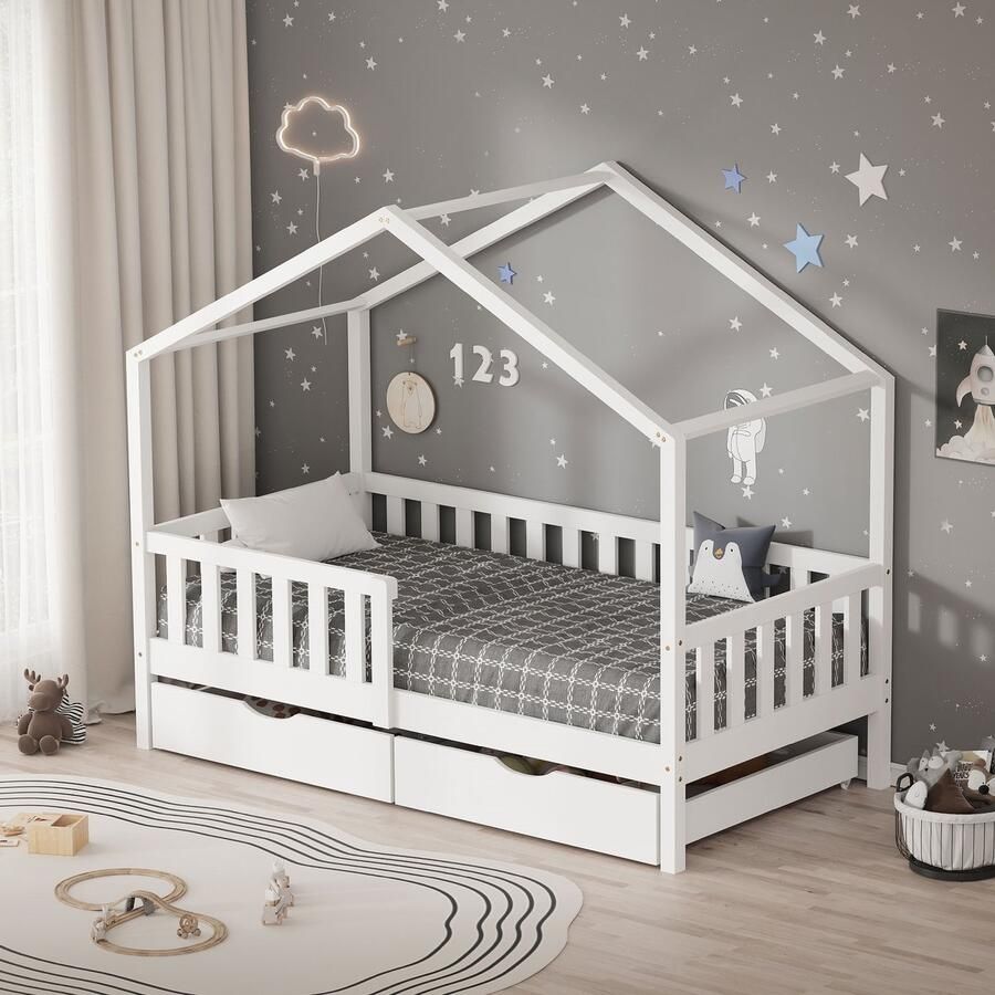 Ml-design Kinderbed Huisbed met 2 laden 80x160 cm wit gemaakt van dennenhout Houten bed met dak en lattenbodem