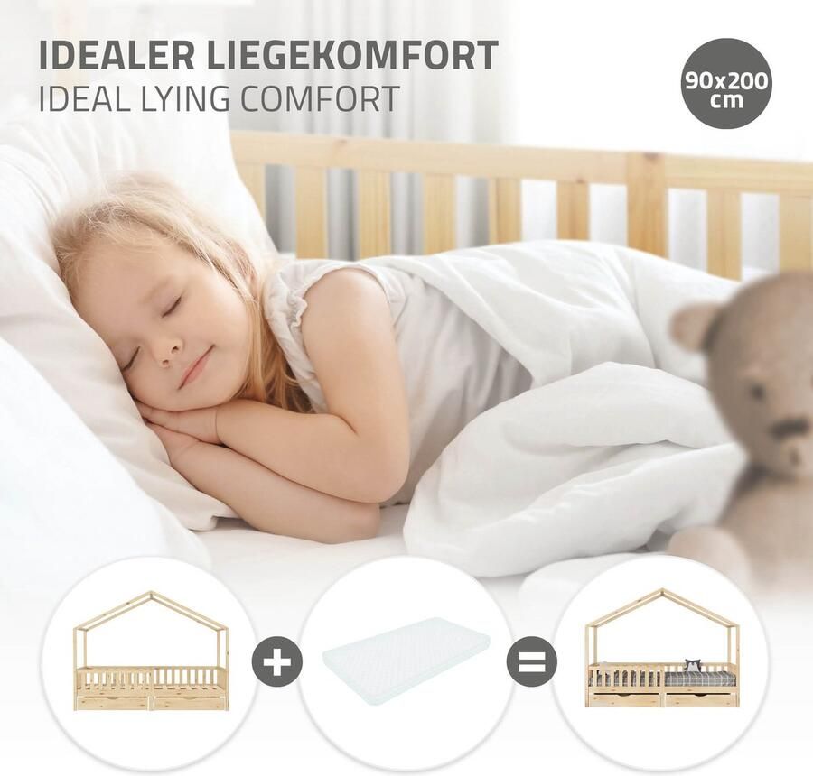 Ml-design Kinderbed Huisbed met 2 laden 90x200 cm natuurlijk grenenhout Houten bed met dak en lattenbodem