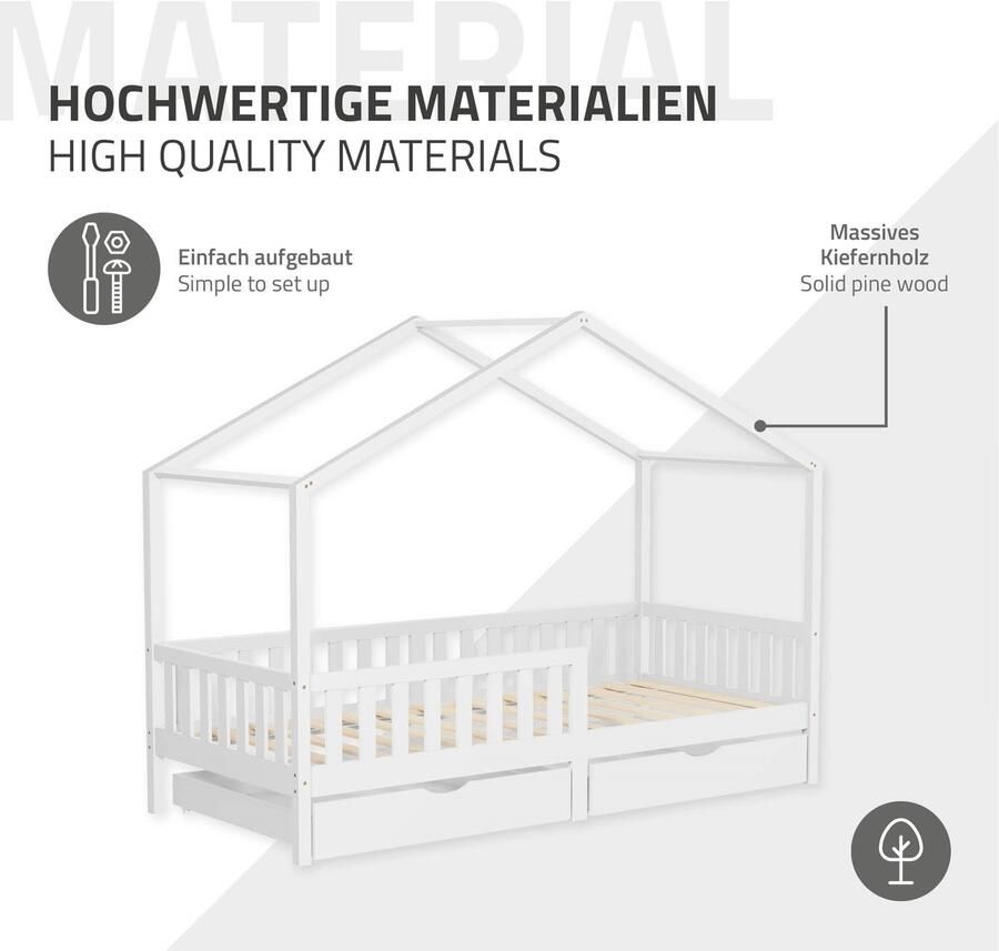 Ml-design Kinderbed Huisbed met 2 laden 90x200 cm wit gemaakt van dennenhout Houten bed met dak en lattenbodem