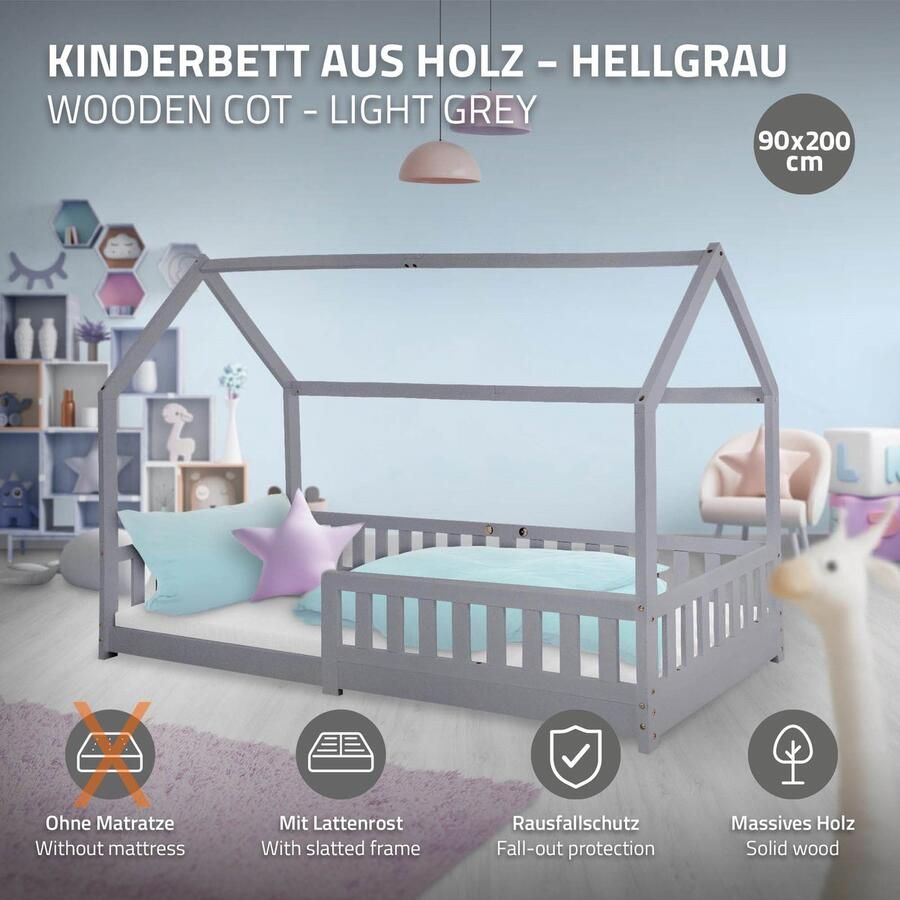 Ml-design Kinderbed huisbed 90x200 cm lichtgrijs gemaakt van dennenhout incl. matras H-16cm uitvalbeschermend dak en lattenbodem