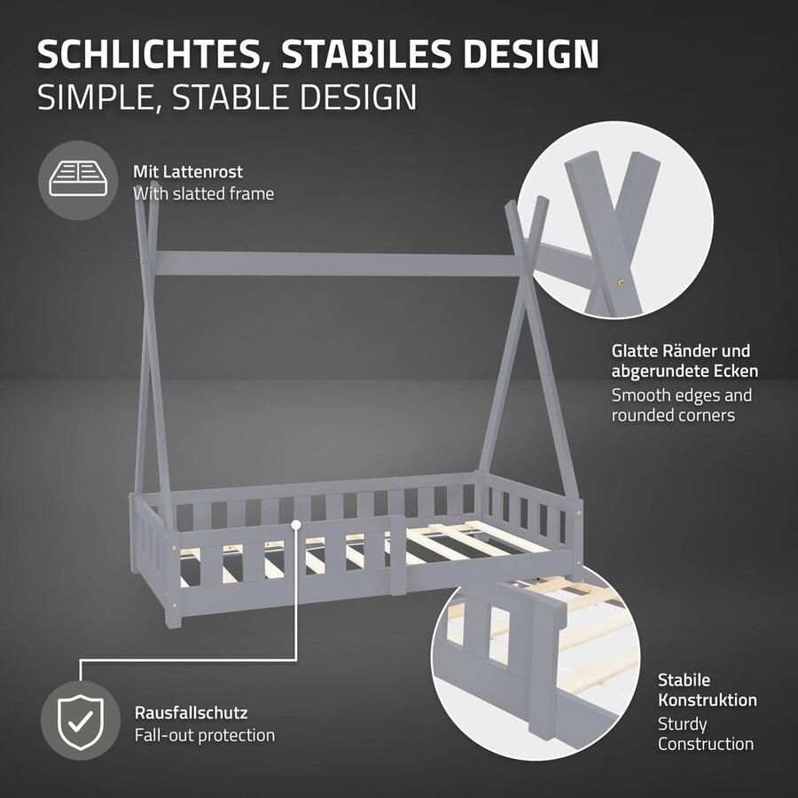 Ml-design Kinderbed Tipi 70x140 cm lichtgrijs gemaakt van dennenhout incl. matras H-10cm uitvalbescherming en lattenbodem - Foto 2