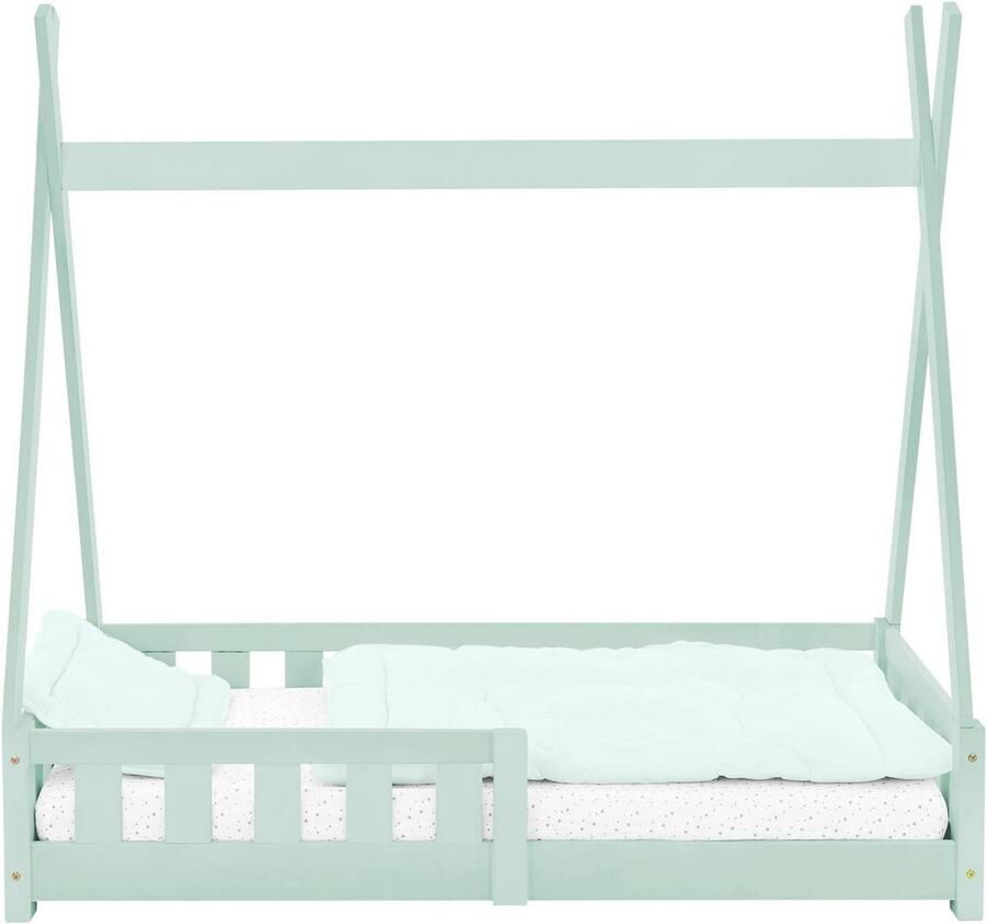 Ml-design kinderbed tipi 70x140 cm mintgroen met uitvalbeveiliging en lattenbodem grenen hout indianenbed van massief hout voor meisjes jongens huisbed met hek kinderhuisje jeugdbed speelbed tent
