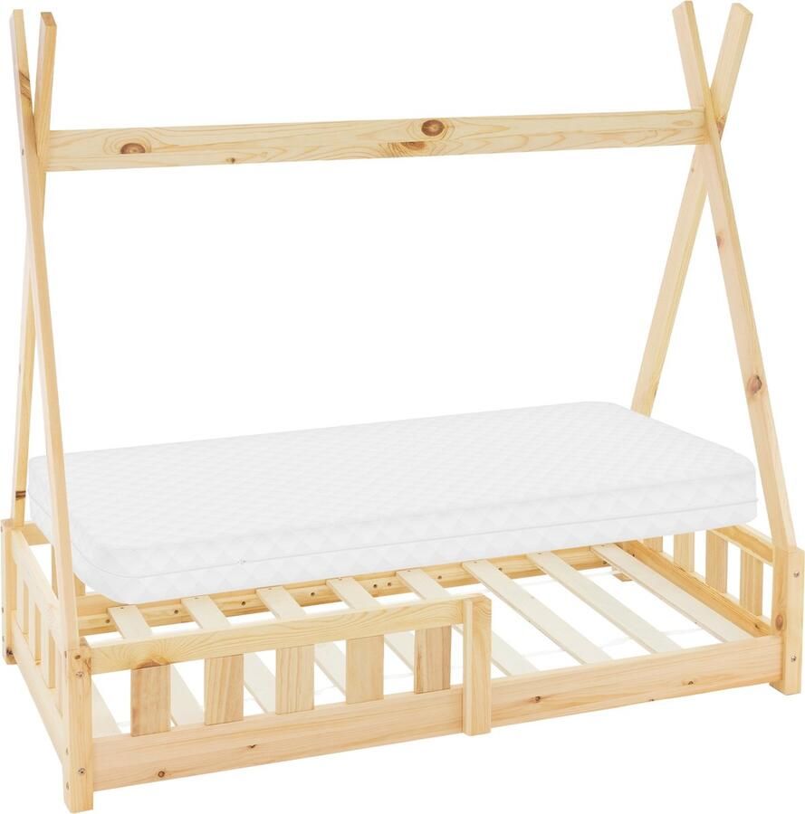 Ml-design kinderbed tipi met uitvalbeveiliging en lattenbodem 70x140 cm huisbed naturel indianenbed van massief grenen hout kinderhuis jeugdbed houten bed huis speelbed kinderbed tent 70x140 cm naturel van grenen hout - Foto 4