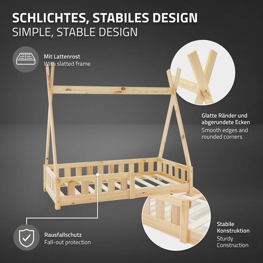 Ml-design kinderbed tipi met uitvalbeveiliging en lattenbodem 70x140 cm huisbed naturel indianenbed van massief grenen hout kinderhuis jeugdbed houten bed huis speelbed kinderbed tent 70x140 cm naturel van grenen hout - Foto 2