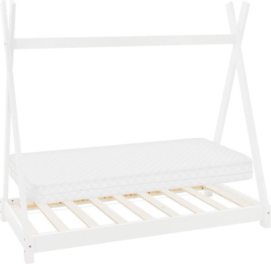 Ml-design Kinderbed Tipi 70x140 cm wit gemaakt van dennenhout incl. matras H-10cm houten bed met lattenbodem - Foto 3