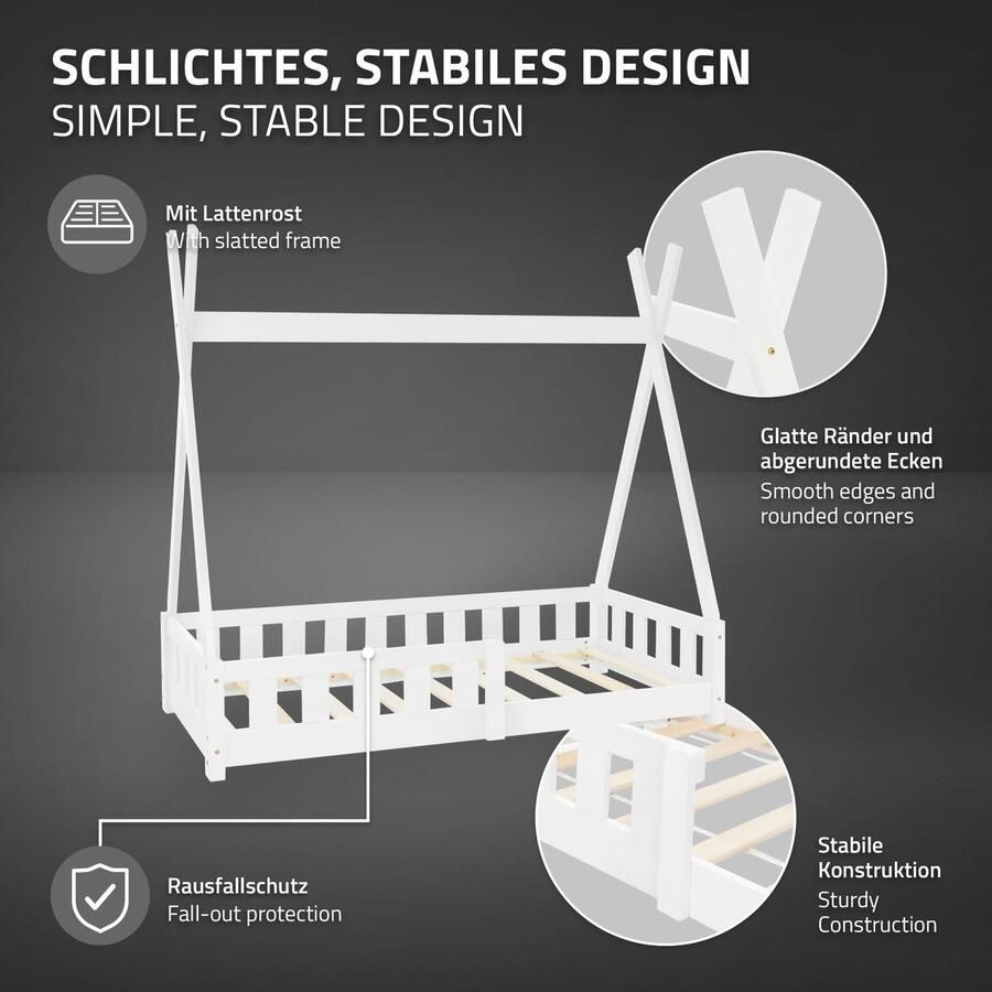 Ml-design kinderbed tipi 70x140 cm wit met uitvalbeveiliging en lattenbodem gemaakt van grenen hout indianenbed van massief hout voor meisjes & jongens huisbed met hek kinderhuisje jeugdbed