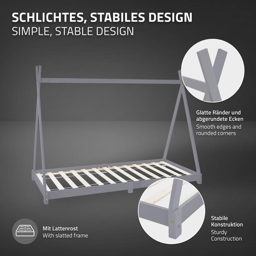 Ml-design Kinderbed Tipi 90x200 cm lichtgrijs gemaakt van grenenhout incl. matras H-16cm houten bed met lattenbodem